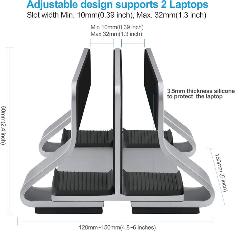 Psitek Aluminum Dual Vertical Laptop Stand Dock Holder, Supports 2 Devices, Adjustable Slot Width 15-36mm, Space-Saving Upright Storage for MacBook and Laptops - Image 4